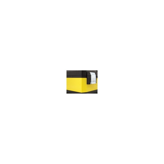 STANLEY 1-95-612 toolbox corner close-up showing yellow and black plastic body with white side latch.