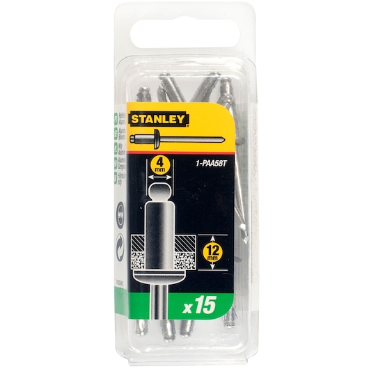 Stanley 1-PAA58T pack of 15 aluminium blind rivets, 4mm diameter and 12mm length, in clear plastic packaging.