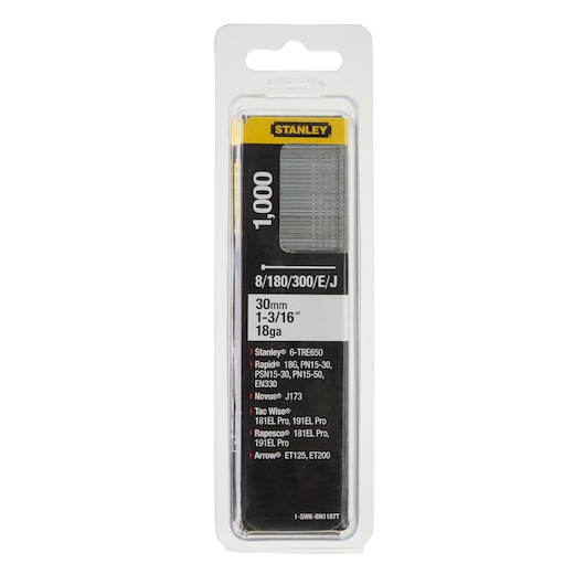 STANLEY 1-SWKBN1187T, pack of 1,000 30mm 18ga brad nails, front view clear packaging.