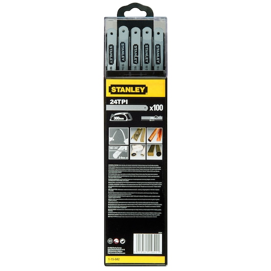 STANLEY 1-15-842 hacksaw blade pack, 24 TPI, 300mm, 100 blades, black and yellow packaging, front angle.
