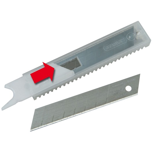 STANLEY 2-11-718 snap-off utility knife blades with clear plastic case, close-up angle.
