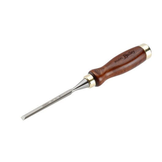 STANLEY 2-16-383 wood chisel with polished steel blade and varnished wooden handle, side angle on white background.