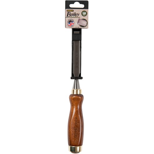 Photo of STANLEY 2-16-388 woodworking chisel with brown wooden handle, front view on white background.