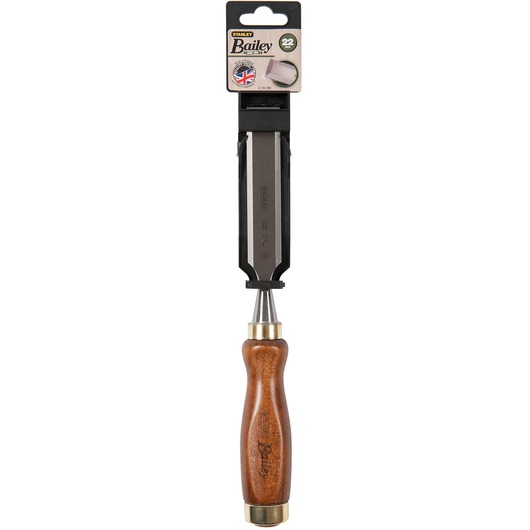 STANLEY 2-16-391 wood chisel with varnished wooden handle, photographed from the front on white background.