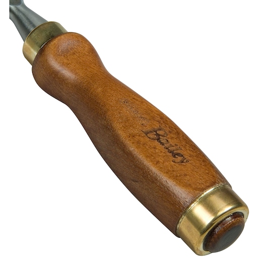 Close-up of a Stanley Bailey wooden handle with brass details, part of a hand tool.