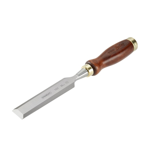 STANLEY 2-16-393 wood chisel with polished blade and dark wooden handle, side angle photo.