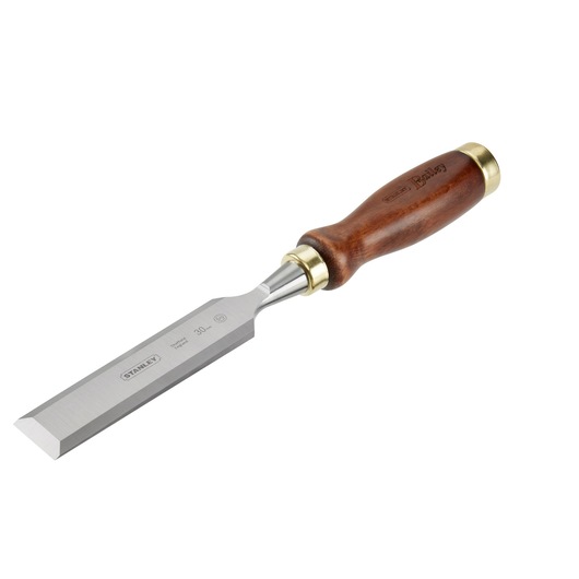STANLEY 2-16-394 woodworking chisel with polished steel blade and varnished wood handle, side view.