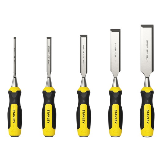 STANLEY 2-16-885 chisel set with yellow and black handles, photography on white background