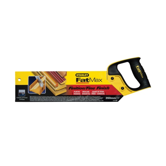STANLEY 2-17-202 handsaw FatMax fine finish, black and yellow handle, side view on white background.