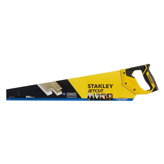 STANLEY 2-20-037 photography of Jetcut hand saw with yellow and black handle, side angle on white background.