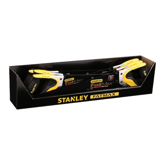 STANLEY 2-20-529 saws with yellow and black handles, boxed, front angle photo.