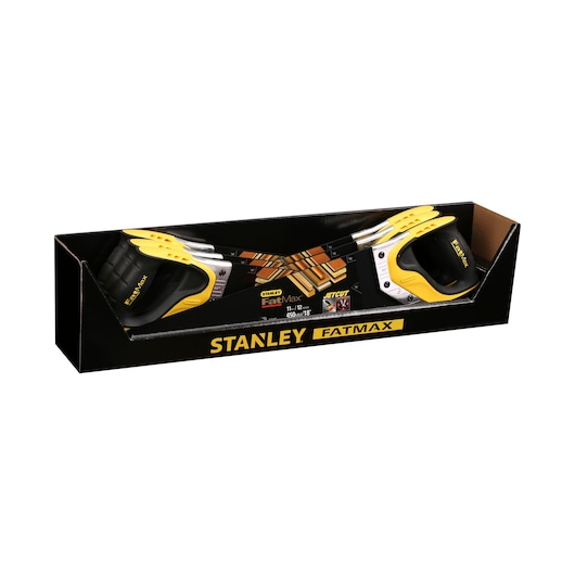 STANLEY 2-20-533 hand saw pair in yellow and black, boxed, side angle photo.