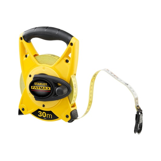Stanley 2-34-814 open reel tape measure, yellow and black, 30m length, front angle photo.