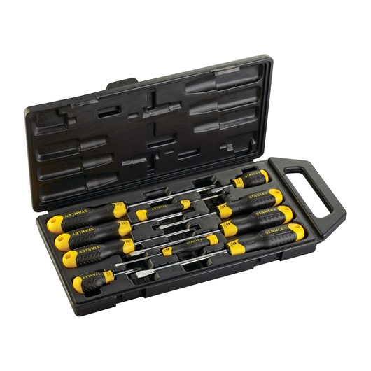 STANLEY 2-65-005 screwdriver set with black and yellow handles in a hard plastic storage case, angled view.