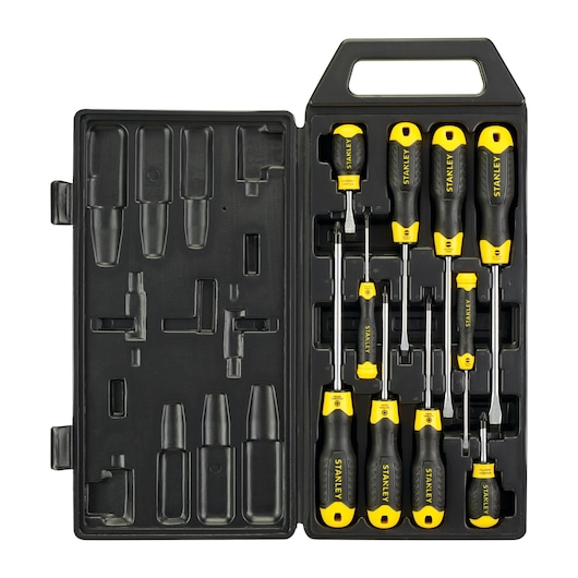 STANLEY 2-65-014 screwdriver set with black and yellow handles in black carrying case, top down view.