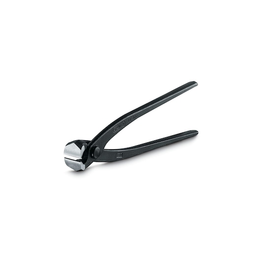 STANLEY 2-84-302 black nipper pliers with silver jaws, side angle, photography on white background.