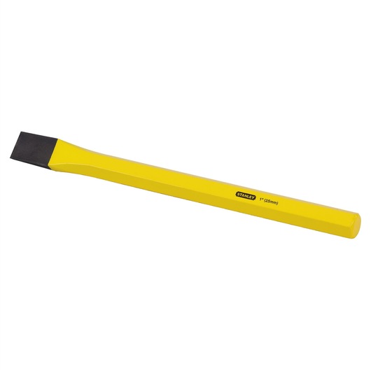 Yellow Stanley chisel with flat metal blade, suitable for cutting and shaping materials.