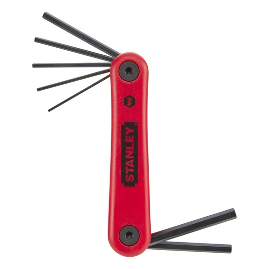Red STANLEY folding hex key set with multiple black hex keys extended.