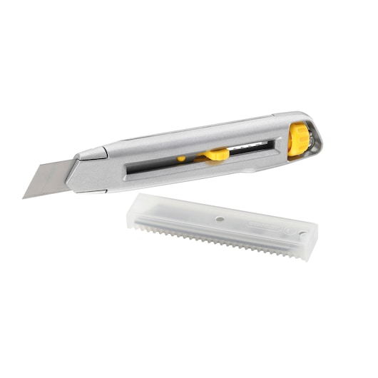 STANLEY 7-10-018 utility knife with retractable blade and extra blades case, front angle.