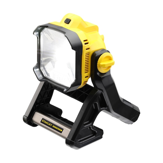 STANLEY yellow and black LED work light with adjustable stand, suitable for photography and job sites.