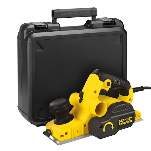 STANLEY FME630K electric planer in yellow and black with carrying case, front angle on white background.