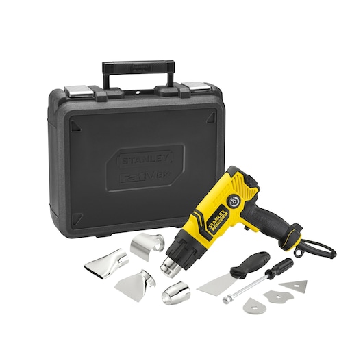 STANLEY FME670K heat gun kit with yellow and black gun, nozzles, accessories, and black carrying case, front angle.