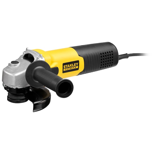 Stanley Fatmax angle grinder with yellow and black body and side handle, shown isolated on white background.