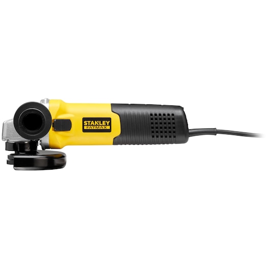 Stanley Fatmax electric angle grinder with yellow and black casing, shown from the side.