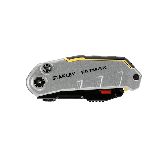 Stanley FatMax folding utility knife with metallic finish, closed, black and yellow accents.