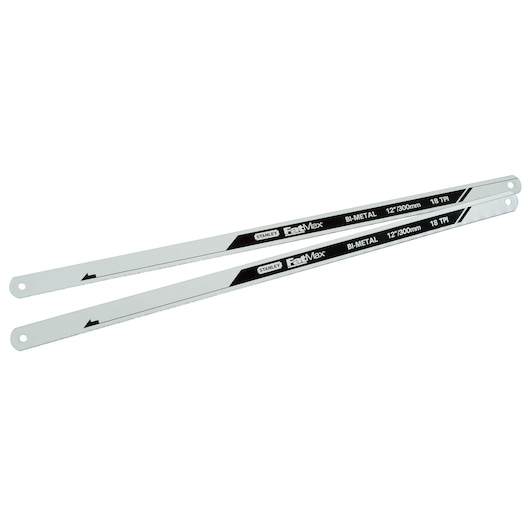 STANLEY FMHT0-20194 bi-metal hacksaw blades, 12 inch, 18 TPI, photography, white background, two pieces.