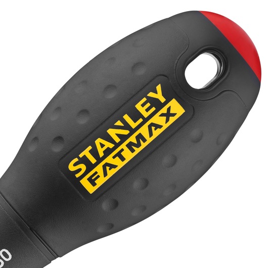 STANLEY FATMAX FMHT0-62619 screwdriver handle, black textured grip, yellow logo, red accent, close-up.