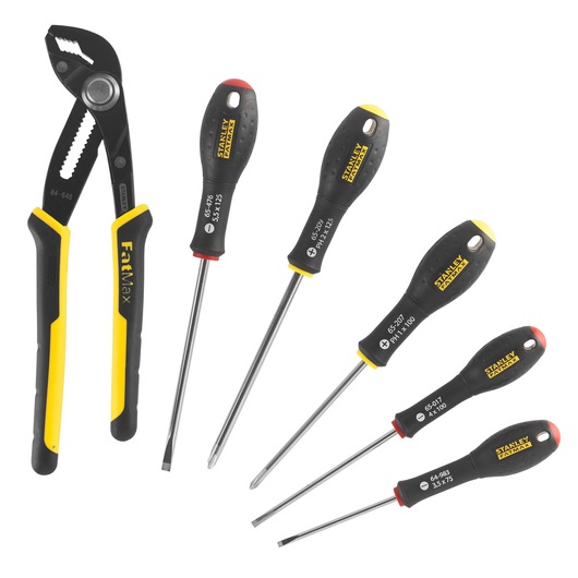 STANLEY FMHT0-62639 hand tool set photography, pliers and five screwdrivers on white background, angled view.