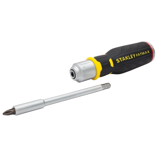 Stanley FatMax ratcheting screwdriver with interchangeable bit shown beside handle.