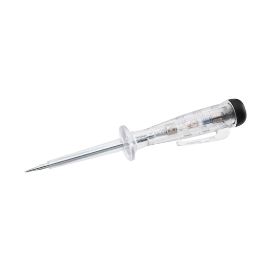 Stanley voltage tester with clear handle and metal tip, designed for electrical circuit testing.
