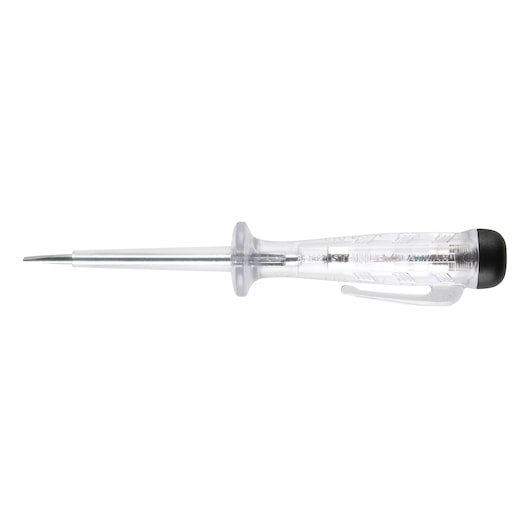 Stanley FMHT0-64985 voltage tester with clear handle and metal tip shown on a white background.