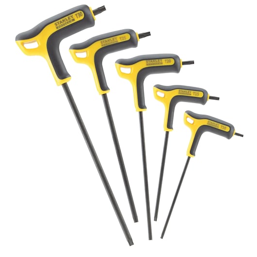 Stanley T-handle Torx key set, five sizes, black and yellow, for tightening or loosening screws.