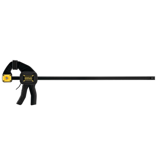 STANLEY FMHT0-83236 bar clamp, black and yellow, side view, with ergonomic trigger handle.