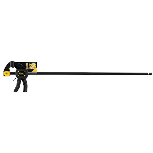 Photo of STANLEY FMHT0-83237 trigger clamp, black and yellow, front angle on white background.