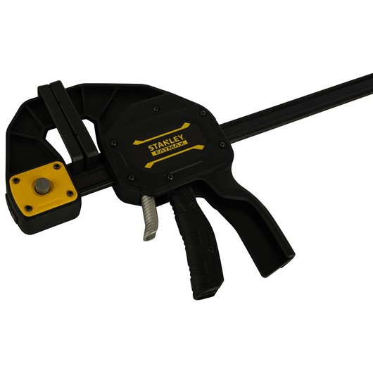 STANLEY FMHT0-83239 bar clamp with trigger handle, black and yellow, product photography, angled view.