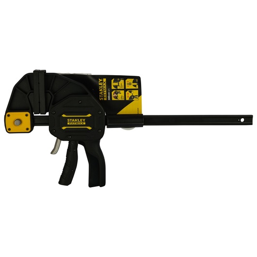 Photo of STANLEY FMHT0-83239 bar clamp tool with black and yellow handle, side angle on white background.
