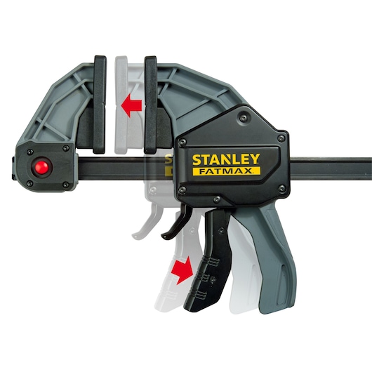 Stanley FMHT0-83240 FATMAX photography of trigger clamp on white, close-up showing moving parts.