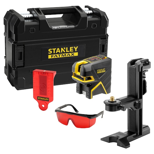 Stanley FATMAX laser level kit with case, bracket, red target, and safety glasses.