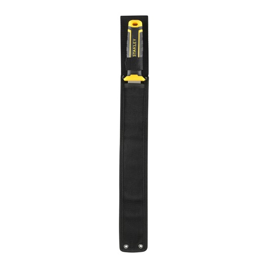 STANLEY FMHT10327-1 chisel with yellow and black handle in black fabric holder, top view photo.