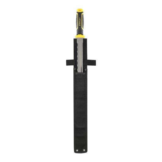 STANLEY FMHT10327-1 machete with black sheath, yellow and black handle, front view, on white background.