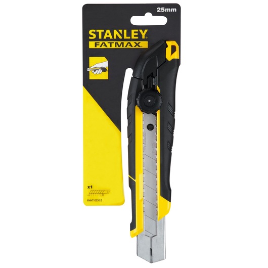 Photo of STANLEY FMHT10330-0 FATMAX utility knife, black and yellow, front packaging on white background.