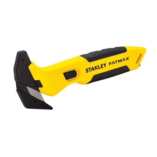 Stanley FatMax utility knife, side view, yellow and black handle, exposed blade, white background