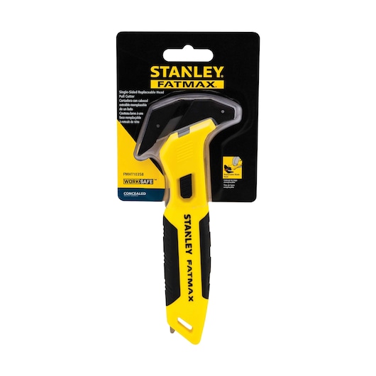 Photo of STANLEY FATMAX FMHT10358 pull cutter with yellow and black handle, single-sided blade, front view.