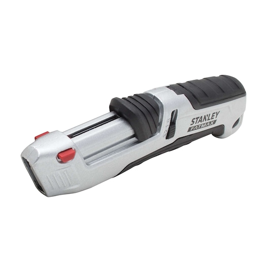 STANLEY FMHT10367-0 utility knife, silver and black, side angle, with red button details.