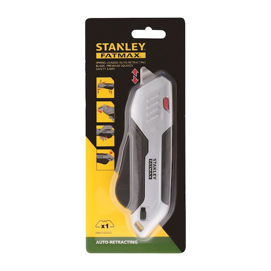 STANLEY FMHT10370-0 spring-loaded auto-retracting safety knife, silver and black, front packaging photo.