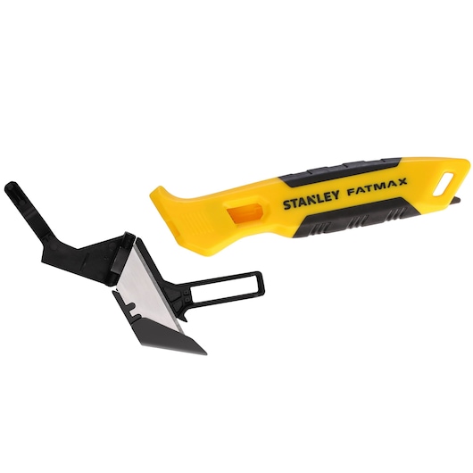 STANLEY FMHT10373-0 utility knife with yellow and black handle, angled blade, side view, on white background.
